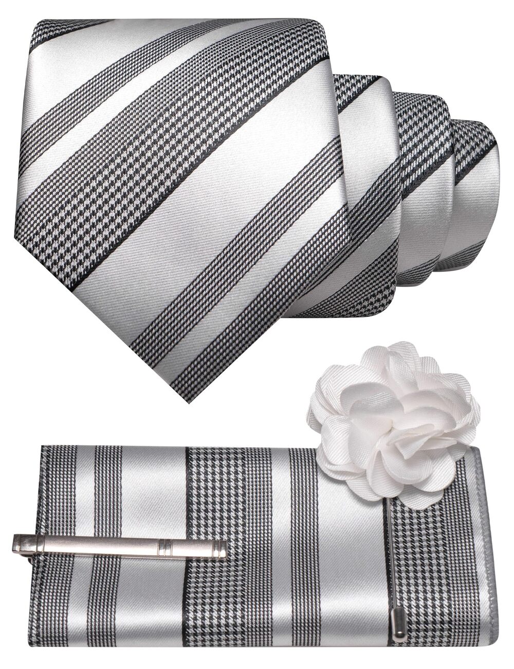 4011 White Striped Tie and Lapel Pin Necktie Pocket Square and Tie Clip